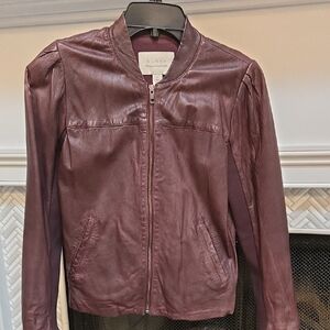 Hinge Maroon Leather Bomber Jacket Size XS.